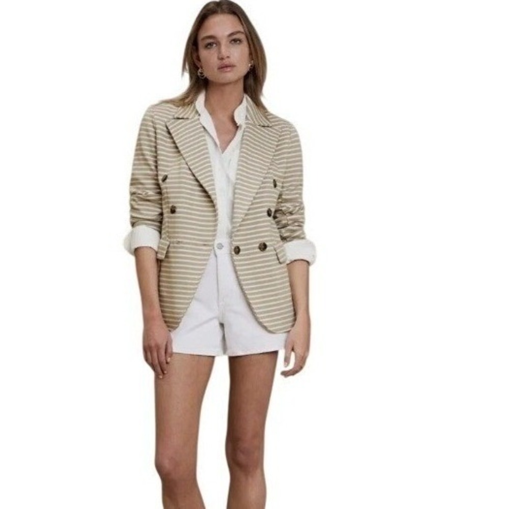 Banana Republic Striped Double Breasted Knit Blazer Women XXS Tan White Chic NWT
